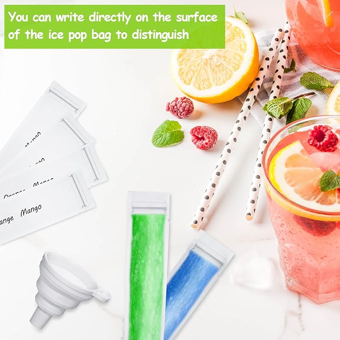 Shappy 450 Pcs Disposable Ice Pop Mold Bags with 3 Silicone Funnels Freezer Tubes with Zipper Seals DIY Ice Pop Bags Bulk for Yogurt Healthy Snacks Juice Fruit Smoothies(8.7 x 2.4 Inch)