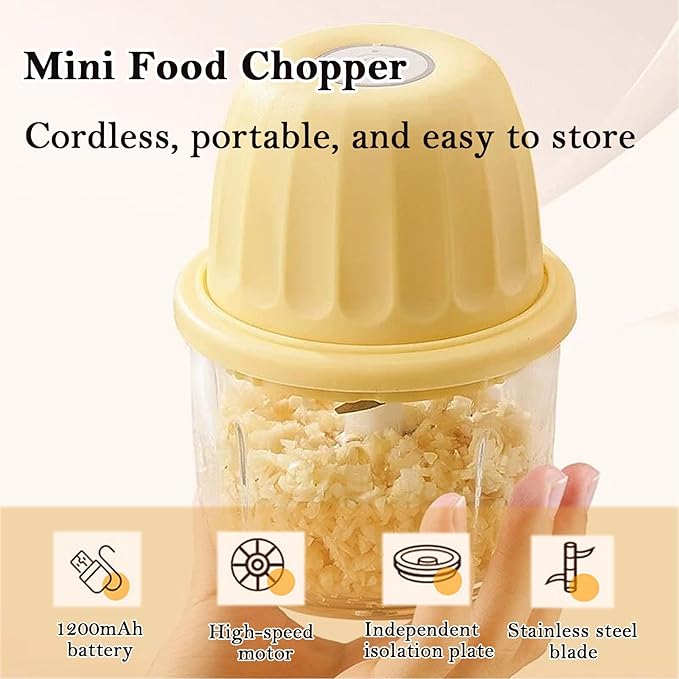 Food Processor Electric, Cordless Mini Food Chopper, 350ML High-Capacity Glass Blender,Type-C Rechargeable, for Garlic, Ginger, Chilli, Onion, Vegetable, Fruit Salad