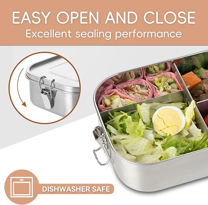 GOLDEN KEY Leak-Proof Lunch Box for Adults & Kids - 40oz Large Capacity Stainless Steel Bento, 1200ml Metal Container with Lockable Clips, BPA-Free, Dishwasher Safe for Work Travel School