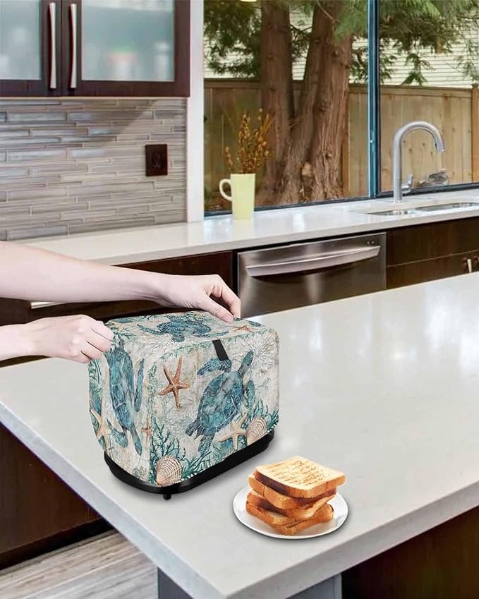 Teal Sea Turtle Toaster Cover 2 Slice, Coastal Coral Ocean Dustproof Bakeware Oven Protector with Top Hook, Nautical Vintage Waterproof Small Kitchen Appliance Toasters Dust Cover, 12"x7.5"x8"