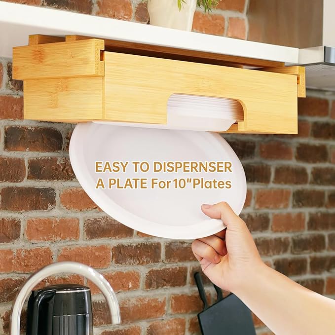 Paper Plate Dispenser - 10 inch Bamboo Paper Plate Dispenser Under Cabinet, Kitchen Counter Vertical Plate Holder Organizer Countertop Caddy (Bamboo)