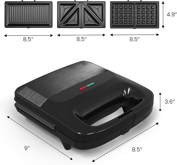 3 in 1 Waffle, Grill & Sandwich Maker, Sandwich Maker Panini Press Waffle Iron Set with Removable Non-Stick Plates & Indicator Lights, Panini Press Grill for Breakfast, 800W, Black