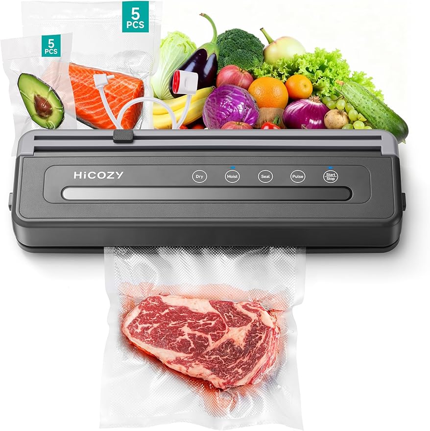 HiCOZY Compact Vacuum Sealer for Food, 5-in-1 Functions Vacuum Sealer with Double Heat Seal, Built-in Cutter, 10 BPA-Free Bags, Gray
