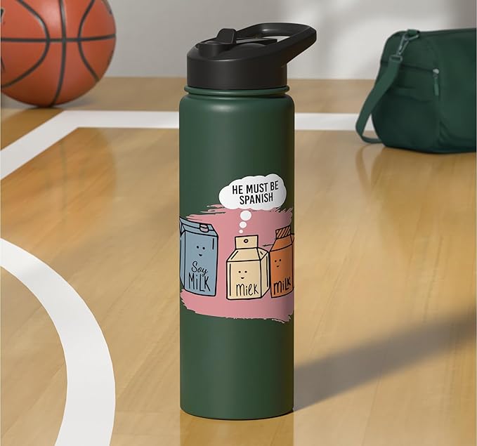 He Must Be Spanish I Milk Soy Milk Milk Carton Fun Soy Stainless Steel Insulated Water Bottle