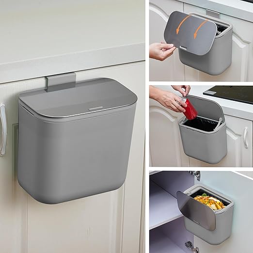 Hanging Kitchen Trash Can with Lid - 1.8 Gallon Small Compost Bin for Cabinet Door, Under Sink - Odor-Sealing Stainless Steel Top Food Waste Bin for RV, Bathroom, Office - Indoor Recycling Bin
