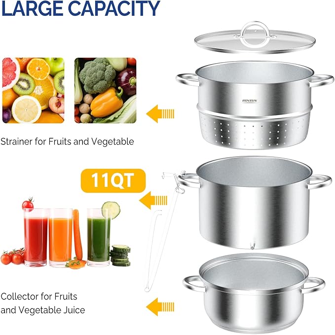 ROVSUN 8.5 Quart Juice Steamer Stainless Steel, Extractor Fruit Vegetables Juicer Steamer Pot, w/Tempered Glass Lid Clamp, Loop Handles, Ideal for Making Juice, Jelly, Pasta