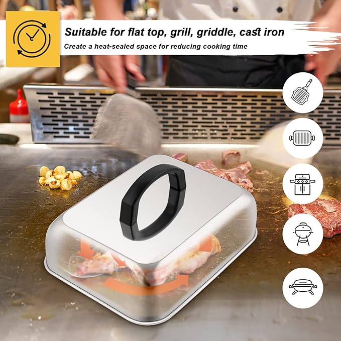 HaSteeL 9x7in Melting Dome & 8x4in Grill Press, Rectangular Basting Steaming Cover & Cast Iron Burger Bacon Press, Heavy Duty Griddle Tools Accessories for Flat Top Grilling Barbecue, Indoor & Outdoor