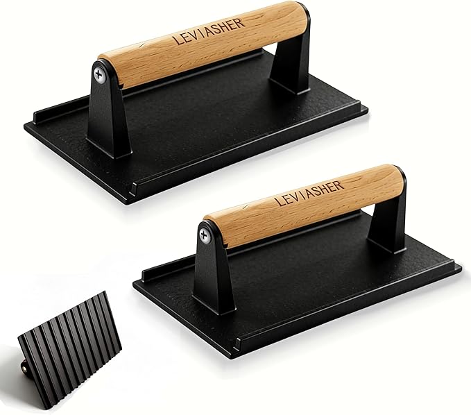 2.2 lb Handheld Heavy Duty Cast Iron Grill Press, 7.8X3.9 inch Rectangle Burger Press with Wood Handle for Blackstone, Griddle, Chef, Camp, Panini, Vegetable, Bacon, Sandwich, BBQ, 2 Pack