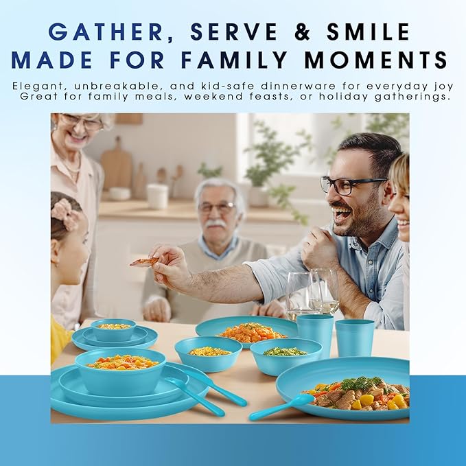 40 Piece Plastic Dinnerware Set for 8 with Cutlery, Unbreakable Plates and Bowls Set, Dishwasher & Microwave Safe Reusable Dish Set for Camping, RV, Outdoor Kitchen, Apartment Dining, Teal