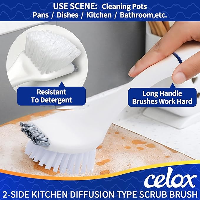 CELOX Kitchen Scrub Brush Set with Ergonomic Handle, Deep Cleaning Brushes, Include Dish Brush (Blue White)
