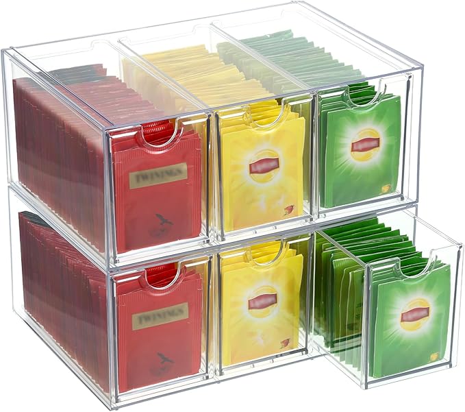 6 Drawers Tea Bag Organizer, Clear Acrylic Tea Bag Storage Organizer, Stackable Tea Packet Drawers Holder for Cabinet, Pantry, Kitchen, Countertop