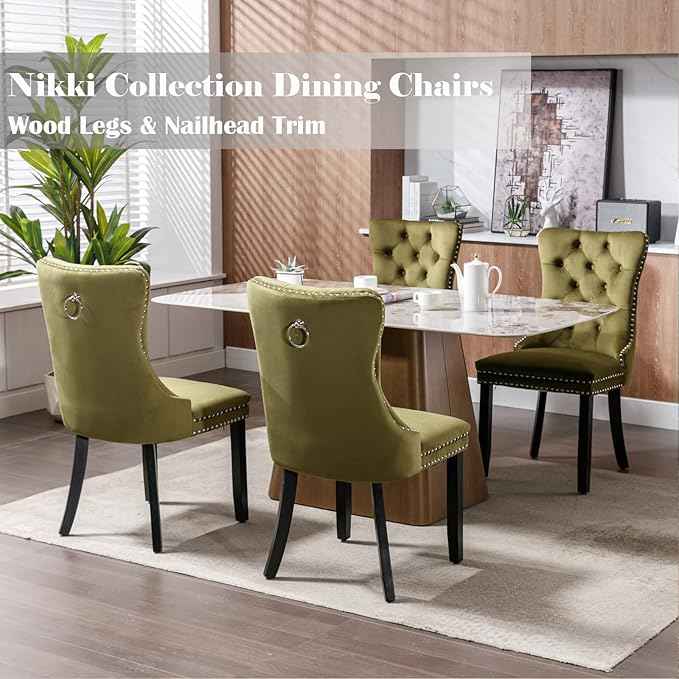 Velvet Dining Chairs Set of 2, Upholstered Dining Room Chairs with Back Ring Pull Trim and Solid Wood Legs,Tufted Wingback Kitchen Chairs for Dining Room,Living Room,Kitchen(Olive Green)