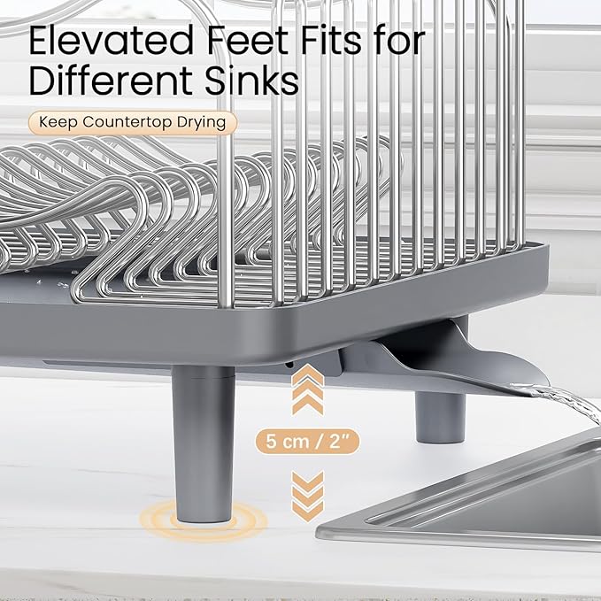 Dish Drying Rack Large Capacity - Stainless Steel Dish Rack for Kitchen Counter with Drain Board, Rustproof Dish Drainer with Auto Drain Spout Utensil Holder Glass Holder, Dinnerware Organizer, Gray