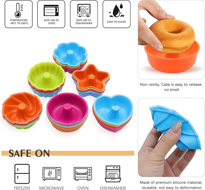 To encounter 24Pack Silicone Molds, Nonstick 2 3/4 inches Donut Mold, Silicone Baking Cups, Donut Pan, Muffin, Jello, Bagel Pan, Oven- Microwave- Dishwasher Safe