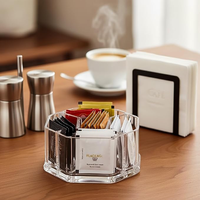 Hiceeden Acrylic Tea Bag Organizer, 5 Compartment Sugar Packets Holder Divided Coffee Condiment Storage Caddy Box for Kitchen Cabinet, Countertop, Tabletop