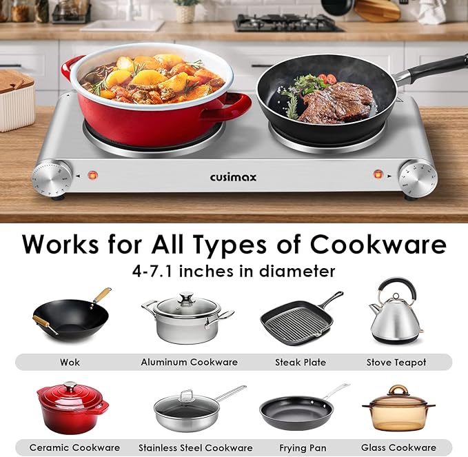 CUSIMAX Hot Plate, Electric Double Burner, 1800W Cast Iron Countertop Cooktop, Portable for Cooking, Compatible for All Cookwares, Easy Clean, Upgraded Version