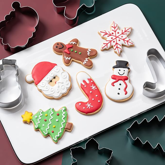 Husfunov Christmas Cookie Cutters Set 6 Pieces,Stainless Steel Metal Cutter with Christmas Tree, Gingerbread Man, Snowman, Snowflake, Candy Cane, Santa Face Shapes for Holiday