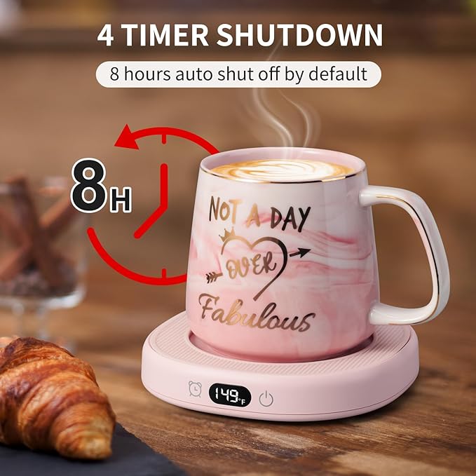 Coffee Mug Warmer & Not A Day Mug Set, Coffee Cup Warmer for Desk, 4 Temperature Setting, Smart Electric Beverage Warmer for Coffee, Tea, 8-Hours Auto Shut Off