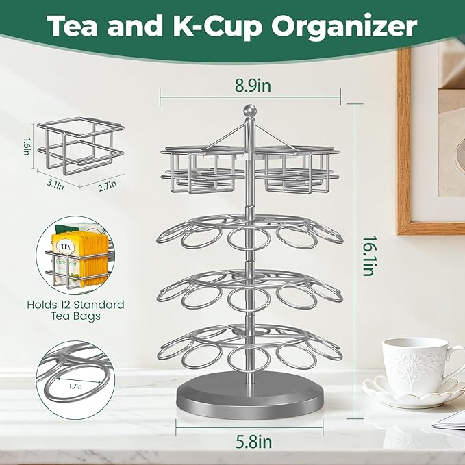 EsLuker.ly K Cup Holder Coffee Pod Organizer Carousel for Countertop, Rotatable Metal 4-Tier Storage Rack Stand for 30 K Cups & Tea Bags, Convenience Meets Elegance, Silver