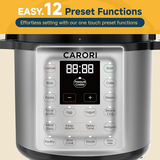 8Qt 12-in-1 Electric Pressure Cooker, 1200W Stainless Steel Multi-Cooker, Slow Cook, Rice Cook, Steamer, Sauté, Yogurt Maker, Warmer & Sterilizer, Safer Venting Design with Recipe Book, Silver