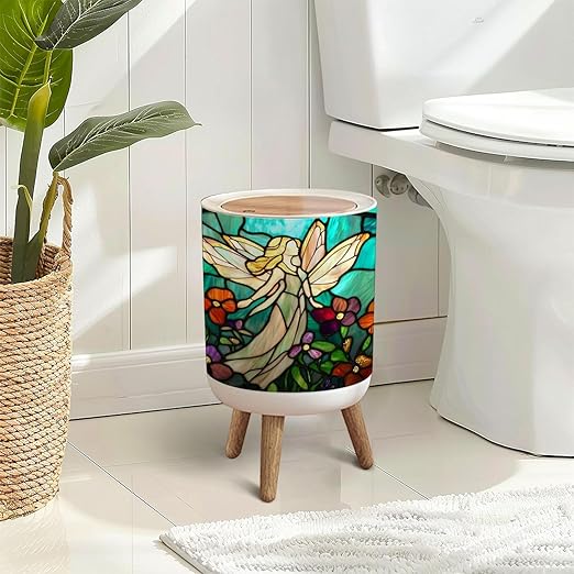 Trash Can with Lid Teal Fantasy Glass Art Flower Fairy Sunset Flowers Press Top Round Small Garbage Bin with Wooden Legs Waste Basket for Kitchen Bedroom Nursery 7L/1.8 Gallon