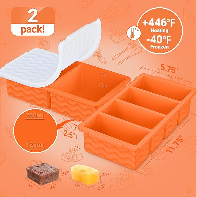 Silicone Freezer Molds for Soup with Lid, 1-Cup & 2-Cup Large Ice Cube Trays Food Storage Containers for Meal Prep, Freeze 500mL/250mL/125mL Portions – 2 Pack