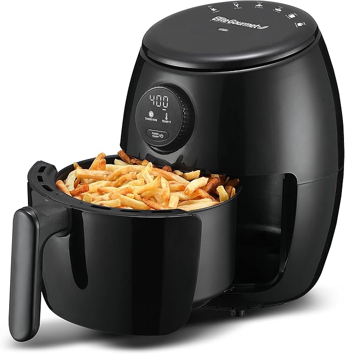 Elite Gourmet EAF-2612DX Personal 2.1Qt Compact Space Saving Programmable Hot Air Fryer, Oil-Less Healthy Cooker, Timer & Temperature Controls, 1000W, Black