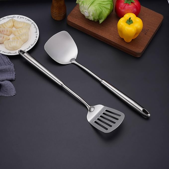 18/10 Stainless Steel Kitchen Utensils Set, 6 PCS All Metal Professional Cooking Utensils, 15" Long Kitchen Tools - Spatula, Ladle, Skimmer Spoon, Pasta Serve, Large Spoon, Slotted Spatula Tunner