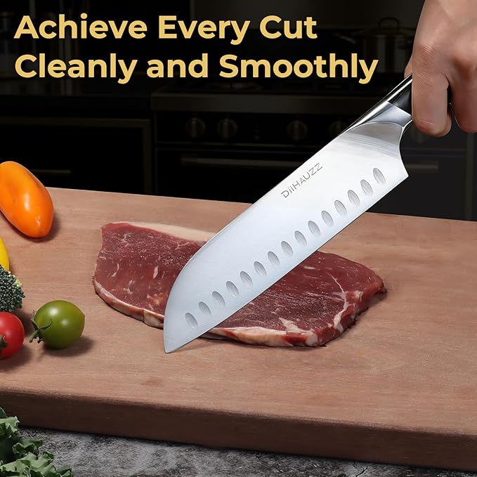 Chef Knife, 7 Inch Ultra Sharp Japanese Santoku Knife, High Carbon Steel Forged Professional Kitchen Knife with Full Tang Triple-Riveted Ergonomic Handle for Slicing, Chopping, Dicing