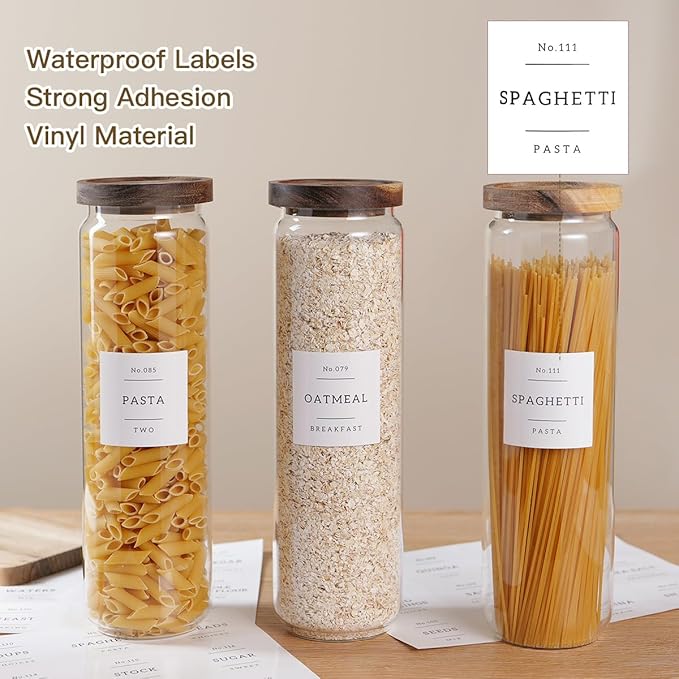 CZZGSM 3 Set Glass Pantry Storage Jars with Acacia Airtight Lid - 50oz Thicken Glass Kitchen Canisters with 132 Pantry Labels - Tall Food Storage Containers with Wood Lid for Pasta,Spaghetti,Cereal