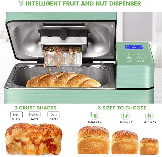 2.2LB Larger Bread Maker Machine with Dual Heaters, 17-in-1 Bread Machine With Die-Cast Ceramic Pan & Auto Fruit Dispenser, Full Stainless Steel Breadmaker, 15H Timer&Keep Warm, Sourdough, Gluten-Free