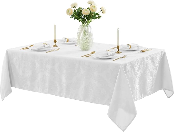 Newbridge Barcelona Luxury Damask Fabric Tablecloth, 60” Wide x 84” Rectangle, White, 100% Polyester, No Iron, Soil Resistant Dining Room, Party and Banquet Table Cover