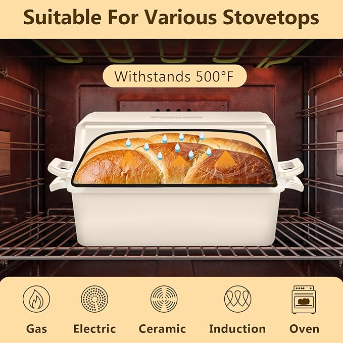 Wildone 2 in 1 Enameled Cast Iron Bread Pan with Lid, 9x5 Loaf Pans for Homemade Sourdough Bread, Cake, Meatloaf, Even Heating Bread Dutch Oven, Cream White