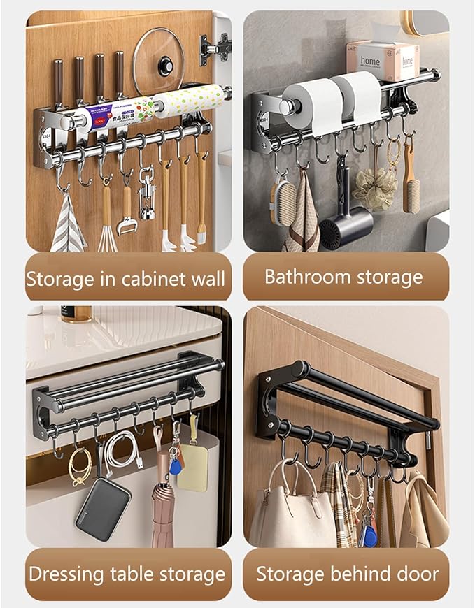 Hanging Wall Mount knife Wall Mount, Space-Saving Knife Rack with Hooks, Kitchen Organizer Storage Shelf for Utensils Spatula Spoon, Kitchen Utensil Hanger (Silver, 50CM+10Hooks)