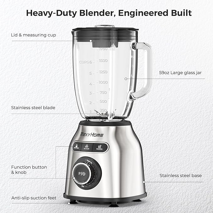 Blender with 3 Programs, 1000W Heavy-Duty Countertop Blenders for Kitchen, 59 Oz Glass Jar, Auto Clean 8-Speeds & Pulse Function Blender for Smoothies, Shakes, Ice Crushing & Frozen Fruit