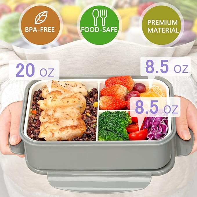 Bento Boxes for Adults - 1100 ML Bento Lunch Box Container For Kids With Spoon & Fork - Durable Perfect Size for On-the-Go Meal, BPA-Free and Food-Safe Materials(Grey)