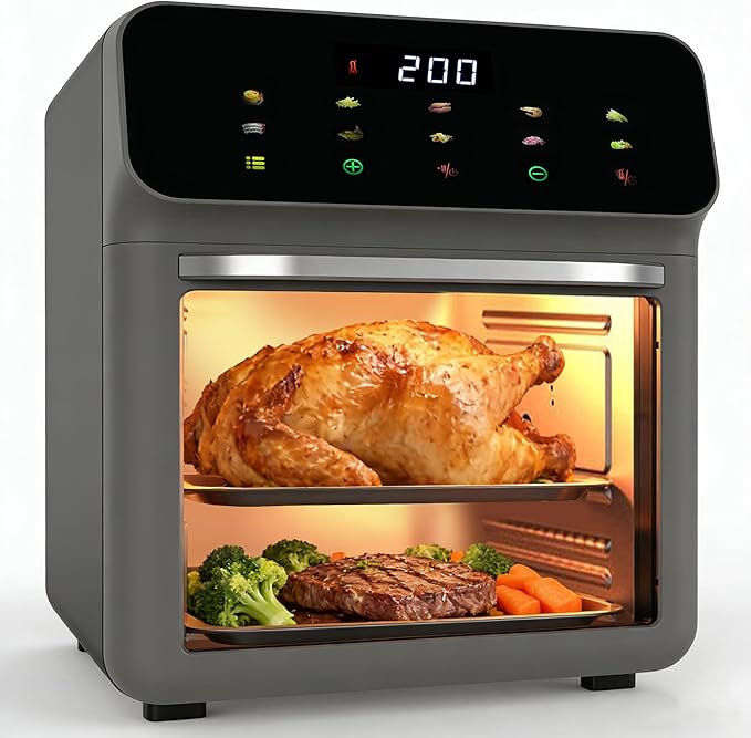 10 IN 1 Air Fryer Oven Combo, Countertop Convection Airfryer, Oven with Toaster Clear View Window for Family, 60-Minute Timer, Digital LED Touchscreen, Automatic Shut-Off, Stainless Steel