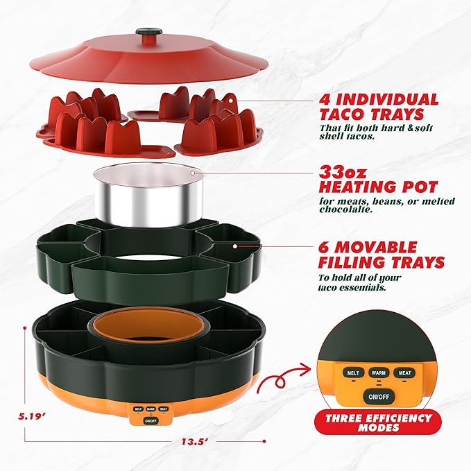 Taco Tuesday Kit - Taco Bar Serving Set for a Party with 33oz Heated Pot, 4 Taco Holders, Detachable Lazy Susan Tray, Perfect for Parties, Nachos Taco Night Fiesta Unique Couple & Housewarming Gift