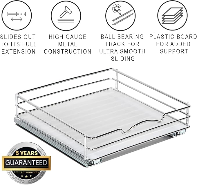 Pull-Out Cabinet Spice Rack Organizer - Slim Slide-Out Storage for Spices, Bottles & Jars, Premium Heavy-Duty Steel, Easy Install for Narrow Kitchen Cabinets - 10 ⅜ W x 10 ⅜ D x 2 ¾ H, Chrome