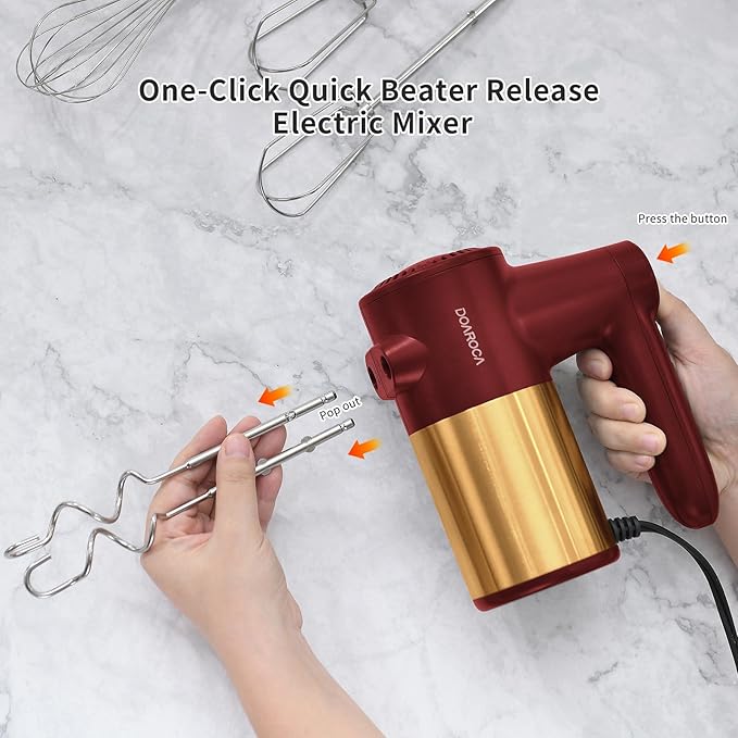 9-Speed Hand Mixer Electric,400W Powerful Red & Gold Electric Hand Mixer,handheld Mixer for Baking Cake Egg Cream,Turbo Boost/Digital Display + 9 Speed + Eject Button + 6 Stainless Steel Accessories