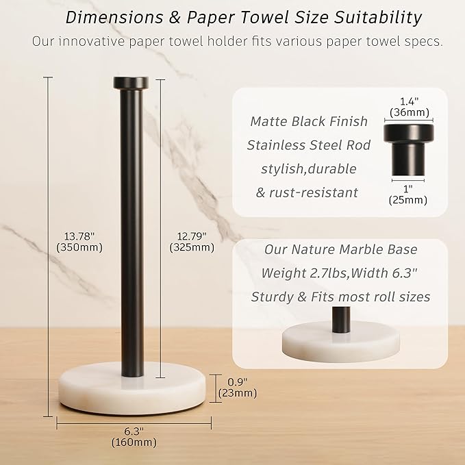 Kitchen Paper Towel Holder Countertop, Black Stainless Steel Rod, White Weighted Natural Marble Base, Heavy Duty Standing Paper Towel Roll Holders Easy One Hand Tear