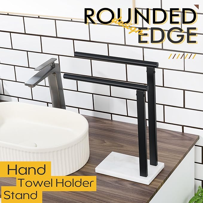 KOKOSIRI Hand Towel Racks Stand Towel Holder 2-Tier with Marble Base for Bathroom Vanity Countertop, Matte Black Stainless Steel 15.7'' Height THS0007-BK