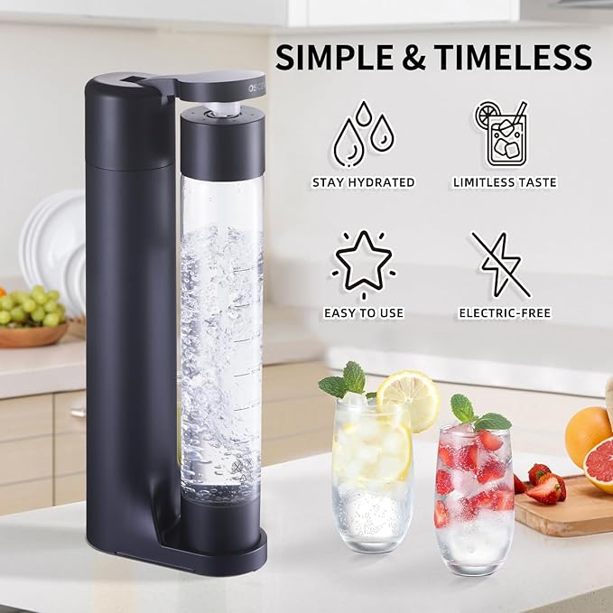 Sparkling Water Machine Soda Maker Beverage Drink Dispenser for Home, Soda Streaming Maker with 2 BPA Free Bottles(1L), Seltzer Fizzy Water Maker Compatible with Screw-in 60L CO2 (NOT Included), Black