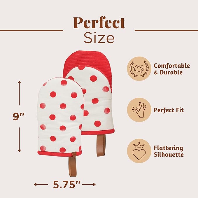 Folkulture Oven Mitts - Set of 2 (5.75"x9") | Polka Red Oven Mitts with Hanging Loop for Cooking Gifts, Kitchen Decor| 100% Cotton, Silicone Heat Resistant Mini Mitts