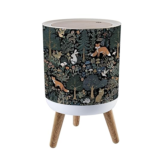 Trash Can with Lid Foxes Rabbits Forest Mushrooms Birds Press Top Round Small Garbage Bin with Wooden Legs Waste Basket for Kitchen Bedroom Nursery 7L/1.8 Gallon