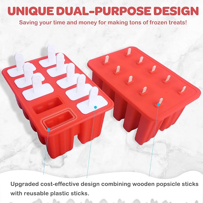 Miaowoof Homemade Popsicle Molds, 10-Cav Non-BPA Silicone Ice Pop Maker, with 50 Sticks, 50 Bags, 10 Reusable Sticks, Funnel, Brush and Ice Pop Recipe (Red+Bin)