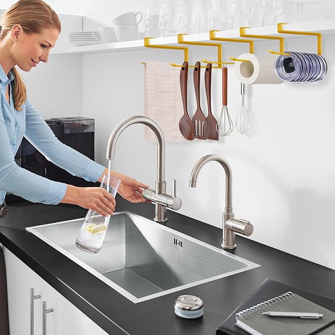 Tumbler Lid Organizer, Horizontal Tumbler Lid Storage Hook Up to 10 Lids, Space Saving Cup Lid Holders Under Cabinet Tumbler Lid Hook for Kitchen Organizer and Storage, Paper Towel Rack Hanger (Gold)