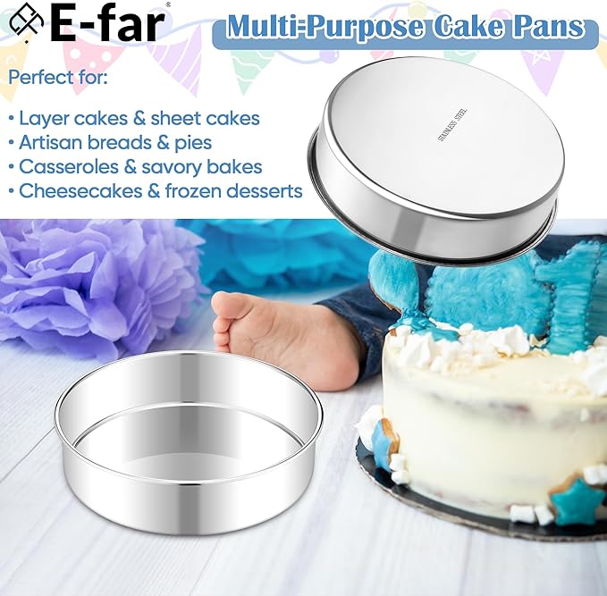 E-far 8 Inch Cake Pan Set of 2, Stainless Steel Round Baking Pans Tins Mold - Non-Toxic & Leak-Proof for Birthday Wedding Layer Tiered Cake, Easy Clean & Dishwasher Safe