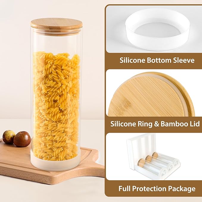 TBWIND 73oz Glass Spaghetti Pasta Containers for Pantry Organization, 3-Pack Large Airtight Food Jars with Bamboo Lids and Protective Silicone Base, Clear Storage Canisters for Flour, Cereal, Rice