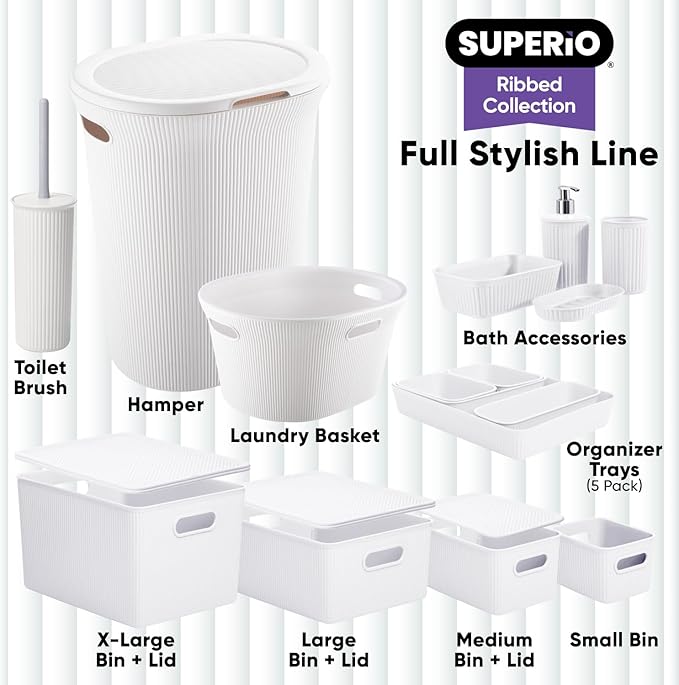 Superio Ribbed Collection - Decorative Plastic Toilet Bowl Brush and Holder Set, White (1 Pack) Cleaner Scrubber for Bathroom